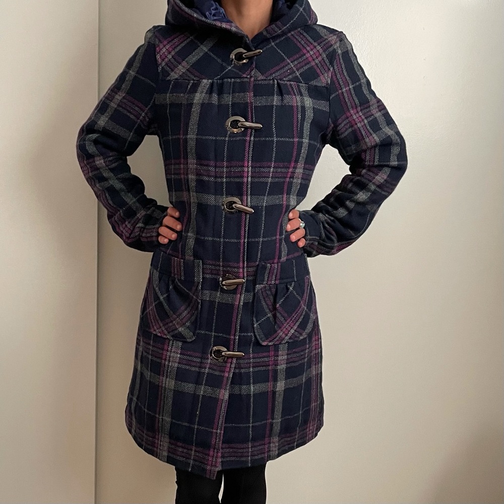 HURLEY Blue Plaid Warm Winter Coat Wool Blend Hooded Knee Length Clasp Closure M